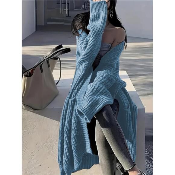 Womens Long Cardigan Sweaters Open Front Oversized Blue - Picture 2 of 5